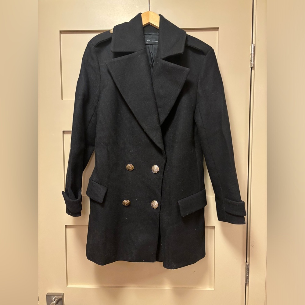ZARA Wool Navy Pea Coat Gold Tone Button Sailor Military Utility Jacket Lined